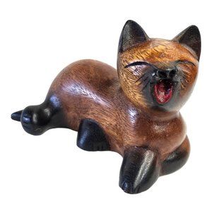 Mid-Century Modern Hand Carved Wooden Cat Statue - Yawning Cat